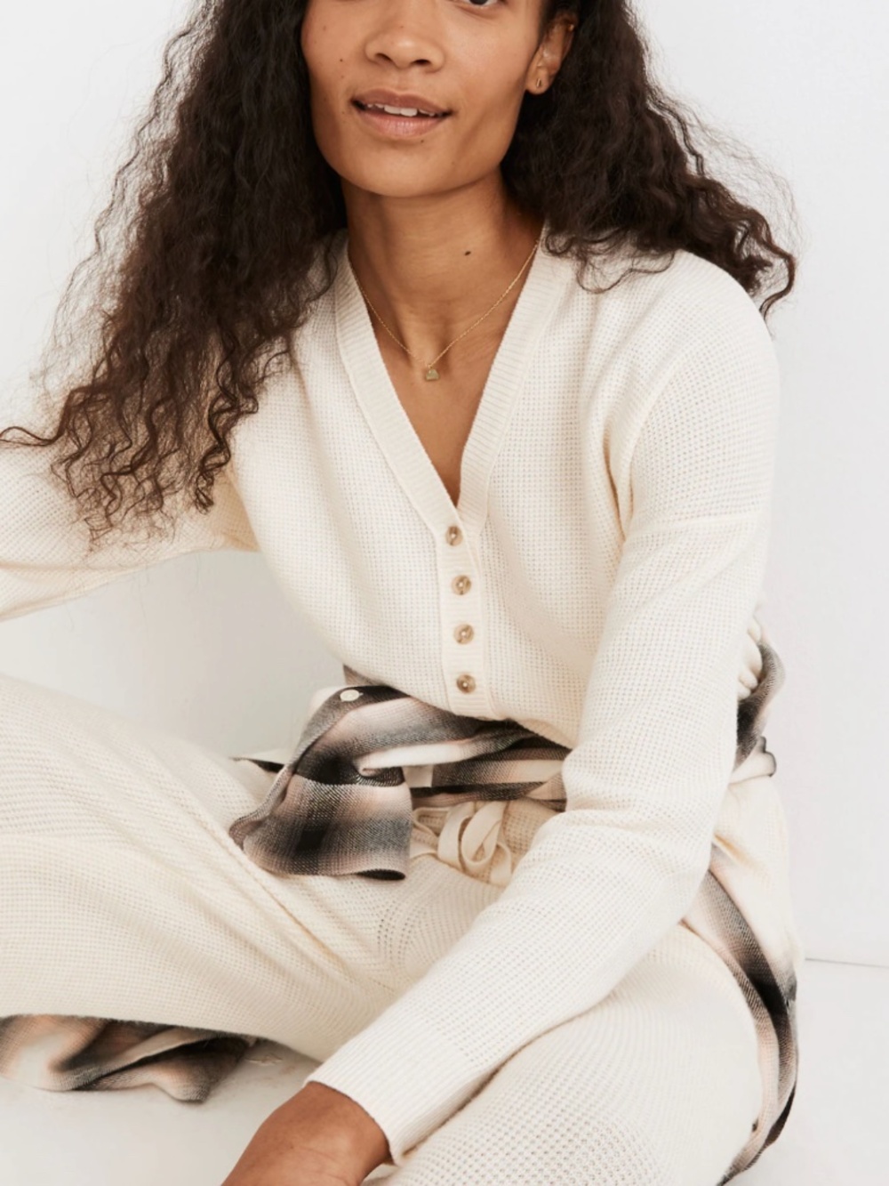 Madewell Asherton Henley Sweater | Antique Cream Waffle Knit Pullover | Medium